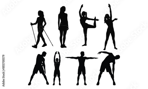 Active people silhouettes doing various exercises and wellness