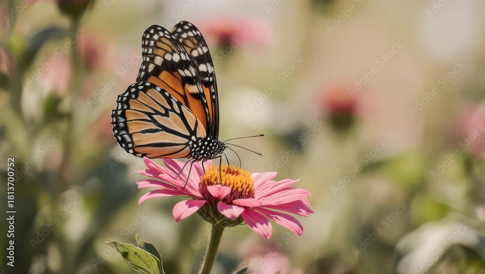Fototapeta premium Monarch Butterfly Resting on a Pink Zinnia Flower in a Garden.