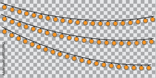 Hanging orange string lights on transparent background