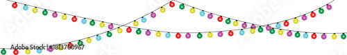 Christmas lights string isolated on white background, Illustration of bright lights, cute decoration element,  Shining colorful lamps, empty space for message, web banner template.