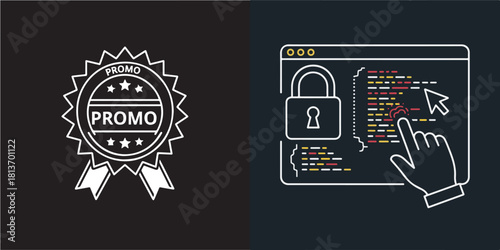 Two Outline Icons: Promotional Badge and Cyber Security Code Interface