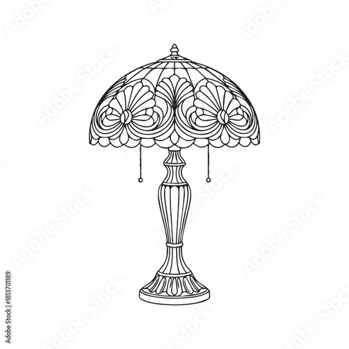 Vintage Tiffany style table lamp vector illustration. Hand drawn antique stained glass light fixture outline. Retro interior home decor design sketch.
