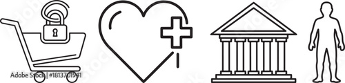 Minimalist Outline Icons of Commerce, Health, Institution, and Human Figure