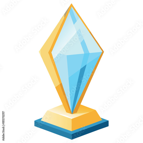 Create a geometric crystal trophy illustration with sharp polygonal facets, golden and blue gradient glass textures, and a glossy purple base. Clean, modern, and vibrant award design