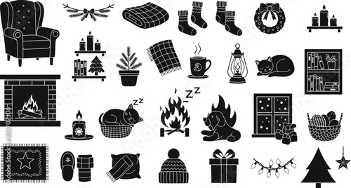 Cozy winter and christmas holiday icons set with fireplace, armchair, blanket, candle, cat, tree, gift, and warm accessory silhouette