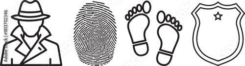Monochromatic Line Art Icons: Detective, Fingerprint, Footprints, Police Badge