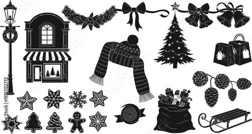 Collection of black and christmas and winter holiday icons, elements, and decorations for festive design projects
