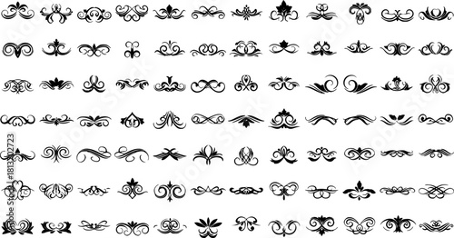 A grid of decorative black flourishes and ornamental designs set against a white background