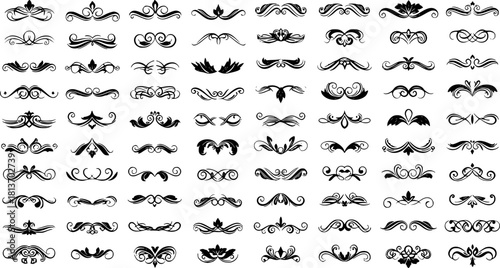 A grid of decorative black flourishes and ornamental designs set against a white background