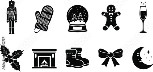 Collection of ten black and christmas and winter holiday icons including nutcracker, mitten, snow globe, gingerbread man, champagne, holly, fireplace, boot, bow, and moon