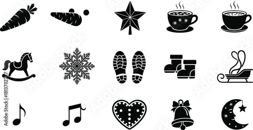 Collection of black silhouette icons representing winter holiday and christmas themes