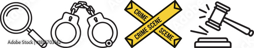 Outline Icons of Law, Crime, Investigation, and Justice on White Background