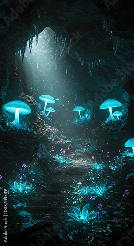 Mysterious glowing mushrooms illuminated in a dark cave fantasy illustration