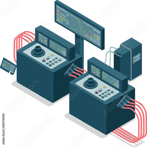 Industrial control panel vector illustration — automation system and data monitoring concept for factory and technology operations