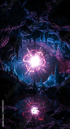 Mysterious glowing orb within a cavernous space with reflective water below