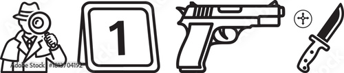 Linear Vector Icons Featuring Detective, Evidence, Gun, Target, and Knife