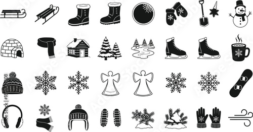 Collection of hand drawn winter and christmas icons set with sled, boot, snowman, snowflake, and cabin