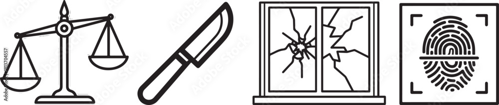 Fototapeta premium Monochrome outline icons for law, crime, investigation, and justice themes.