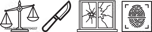 Monochrome outline icons for law, crime, investigation, and justice themes.