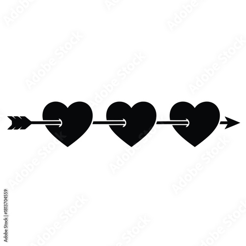 Black silhouette of an arrow piercing three hearts in a row