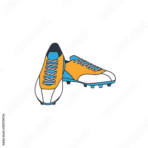 Pair of soccer cleats, colorful flat vector illustration, orange and blue, sports concept