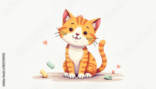 Cute orange kitten sitting with treats on white background  