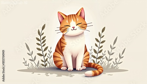 Cute orange tabby cat smiling while sitting amid leafy plants  