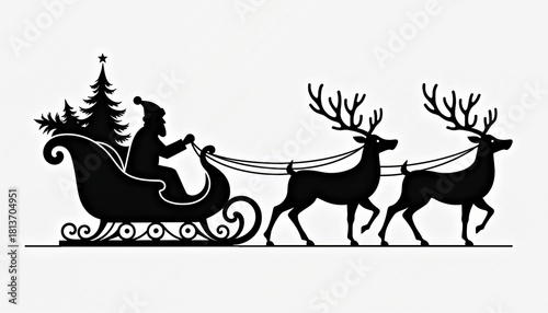 Santa Claus riding sleigh with reindeer and Christmas tree decoration  