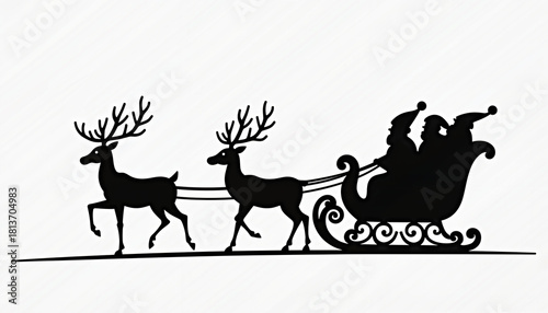Santa Claus and two reindeer pulling sleigh in Christmas silhouette  
