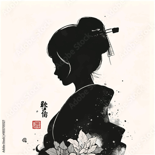 Yabusame black sumi-e silhouette of a beautiful woman