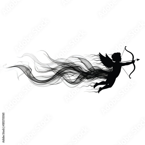 Silhouette of cupid flying with bow and arrow leaving smoke trail
