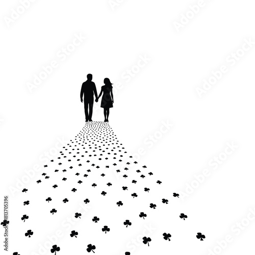 Silhouette couple walking on path of clover leaf icon