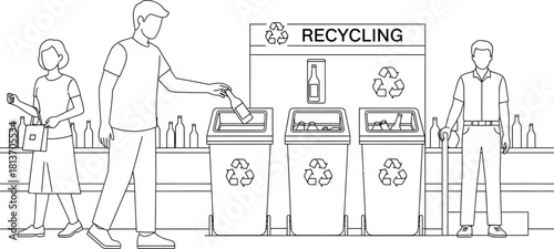 People Recycling Bottles at Waste Sorting Station - Environmental Conservation Line Art Vector