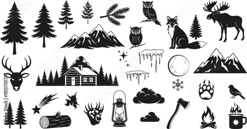 Collection of black and vector icons representing winter, forest, nature, camping, and wilderness elements like animals, trees, mountains, and cabin