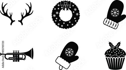 Collection of black and christmas holiday icons including reindeer antler, wreath, mitten, trumpet, and cupcake