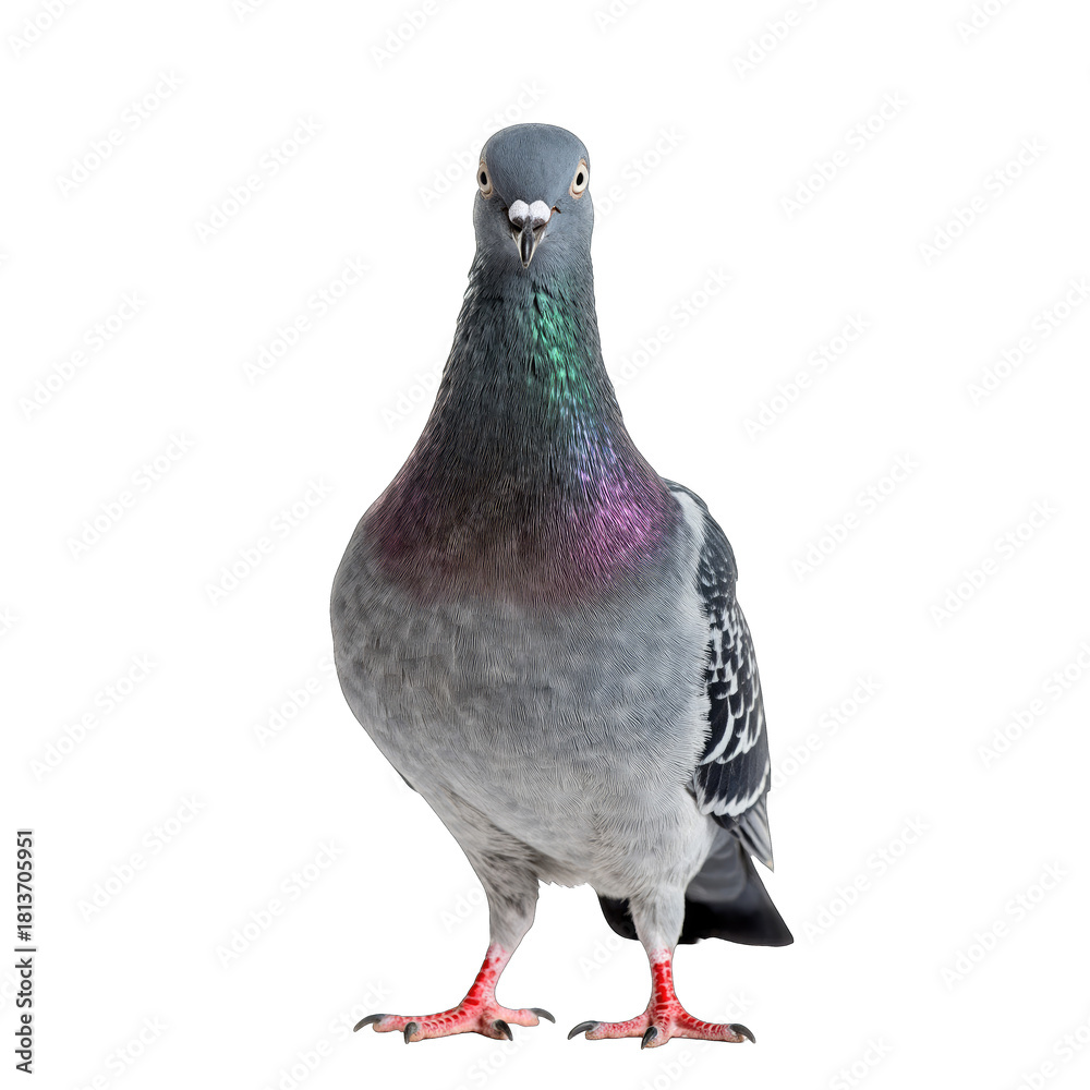 Naklejka premium A Pigeon Standing Tall With Iridescent Neck Feathers Against A Black Background In Soft Lighting