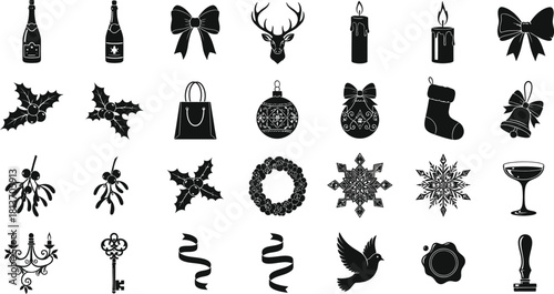 Collection of black silhouette icons for christmas and new year holiday celebration