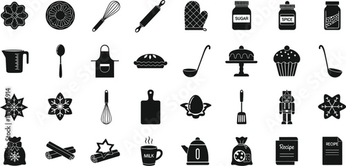 Collection of black and baking and cooking utensil icons, including whisk, rolling pin, oven mitt, measuring cup, and various food items