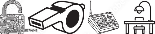Diverse Outline Icons: Digital Security, Warning, Communication, and Workspace