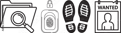 Outline Vector Icons Depicting Investigation, Evidence, and Security Elements