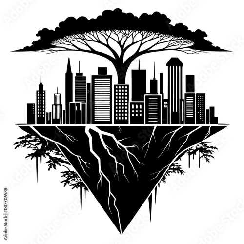 Black and white silhouette of a city balanced on tree roots