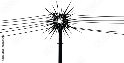 Silhouette of utility pole with power line burst, electrical hazard illustration, rural energy failure, dramatic spark, infrastructure danger scenev