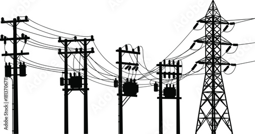 Silhouette of utility poles and transmission tower, electrical infrastructure illustration, rural power lines, energy distribution, transformer and insulator scene