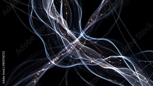 Against a black background, luminous silver lines intertwine with pearlescent and neon reflections and shimmers, creating a dynamic contrast.