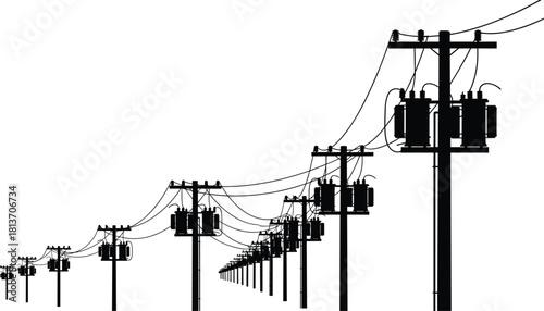 Silhouette of utility poles with transformers and insulators, electric distribution network, linear perspective, rural power infrastructure, voltage grid scene