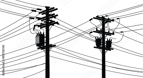 Art & Silhouette of utility poles with transformers and insulators, electric distribution network, rural power infrastructure, high voltage cable system