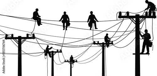 Silhouette of utility workers on power poles and wires, electrical maintenance teamwork, rural infrastructure, safety gear, high voltage scene