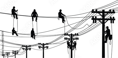 Silhouette of utility workers on power lines, teamwork in electrical maintenance, safety gear, rural infrastructure, high voltage, forest background