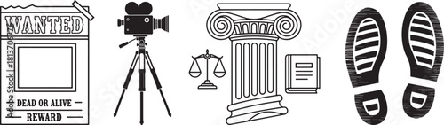 Black and White Legal, Crime, and Investigation Vector Icon Set