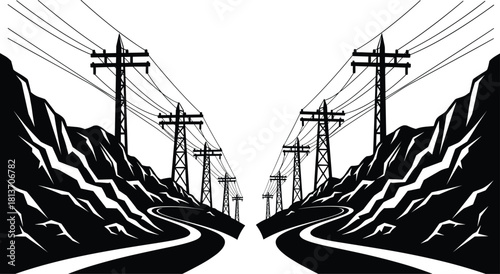 Silhouette of winding road with utility poles and transmission towers, mountainous terrain, electric infrastructure, rural energy distribution scene